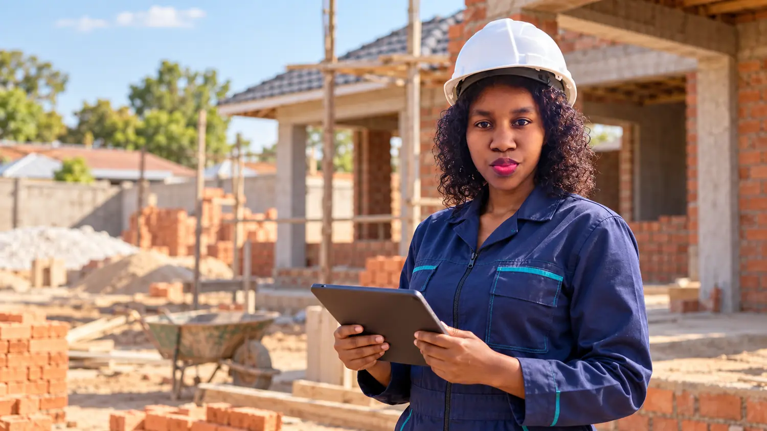 Philile Msimanga, Ally-Link lead, on a residential construction site with a tablet